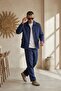 Men's Linen Jacket Boyfriend Pants Navy Blue Bottom Top Set Elastic Lace-Up Relaxed Fit Ls-5524 - 2
