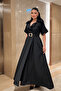 Crepe Fabric Double-Breasted Collar Belt Piece Dress - Black - 2