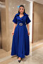 Crepe Fabric Double-Breasted Collar Belt Piece Dress - Cobalt Blue