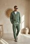 Men's Linen Jacket Boyfriend Pants Khaki Bottom Top Set Elastic Lace-Up Relaxed Cut Ls-5524
