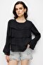 4831 Women's Layered Detailed Ruffled Long Sleeve Blouse Black - 5