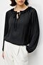 4814 Women's Tie-Detail Ruched Long Sleeve Satin Blouse Black - 4