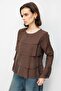 4831 Women's Layered Detailed Ruffled Long Sleeve Blouse Brown - 3