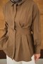 Women's Pleated Waist Detail Hidden Button Shirt Brown - 7