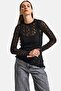 Women's Black W5 Asymmetrical Cut Special Knit Lace Design Sheer Summer Knitwear