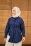 Women's Pleated Waist Detail Hidden Button Shirt Navy Blue - 5