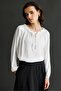 4814 Women's Tie-Detail Ruched Long Sleeve Satin Blouse Ecru - 6