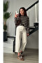 Coffee-ecru Striped mercerized blouse - 4