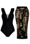 Slimming Effect Ruffled Front Black Swimsuit L Leopard Printed I Pareo Set of 2