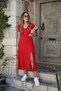 Buketli̇ Women's V-Neck Short Sleeve Y Slit Basic Dress