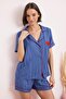 Mavi Kalp Nakışlı Çizgili Biye Detaylı Saten Dokuma Pijama Takımı THMSS26PT00105 - 2