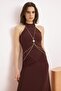 Kahverengi Halter Yaka Bodycone/Vücudu Saran Maxi Örme Elbise TPRSS26EL00079 - 4