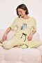 Sarı %100 Pamuklu Eğlence Baskılı Biye Detaylı Örme Pijama Takımı THMSS21PT0953 - 2