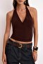 Brown Halter Neck Bodycon Crop Stretchy Knitted Blouse Twoss24Bz00061 - 3