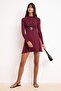 Bordo Belden Açılan Uzun Kollu Mini Yumuşak Örme Elbise TWOSS26EL00608