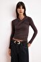 Brown Fitted/Asymmetrical Collar Long Sleeve Stretchy Knitted Blouse Twoss26Bz00692 - 2
