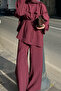 Women's Self-Patterned Collared Cape and Waist Tie Suit in Burgundy - 4