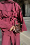 Women's Self-Patterned Collared Cape and Waist Tie Suit in Burgundy - 6