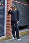Crew Neck Long Sweatshirt with Ribbed Stitching on the Front and Striped Pocket Pants Set