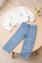 Girl's Star Embroidered Sweatshirt Wide Leg Jeans Pants Set 2-Piece Set - 2