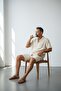Men's Beige Short Sleeve Shirt Shorts Wrap Suit - 3