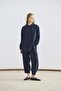 Collar Detailed Tencel Tunic Trousers Set Navy Blue