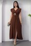 V-Neck Waist Buckled Slit Dress - Brown - 5