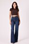 Women's Dark Blue Stonewashed Flare Jean Pants – High Waist Spanish Flare Comfort Fit Denim - 4