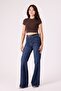 Women's Dark Blue Stonewashed Flare Jean Pants – High Waist Spanish Flare Comfort Fit Denim - 2