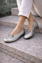 Women's Silver Faux Leather Textured Knitted Patterned Bowknot Ballerinas - 5