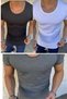 Men's 3 Pack Oval Collar Black White Dark Gray T-shirt Open Collar Lycra Slim Fit T-shirt