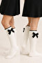Girl's White Knee-Length Socks with Satin Bow Accessories - 5