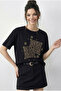 Women's Black Stone Printed Leopard Pattern Crew Neck Regular Fit T-Shirt 2209 60283975 - 3