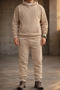 Men's Beige Relaxed Fit Tracksuit Set 3 Thread Fleece-Lined Thick Fabric Ribbed Leg Drawstring Waist
