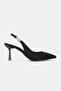 Women's Black Satin Short-Heeled Shoes with Pointed Toe and Open Back