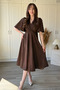 Double Breasted Collar Sleeves Flounced Midi Brown Dress