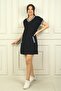 Women's V Neck Pocket Short Sleeve Stripe Detail Dress - 3