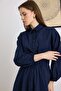 Poplin Dress with Chest Pockets and Elastic Waist Navy Blue 9286-E - 6
