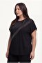Women's Large Size Leather Look And Tassel Detail Black Blouse - 3