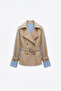 Striped Lined Belted Short Trench Coat Beige