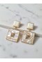 Pearlescent Square Dangle Gold and Beige Color Vintage Large Square Model Steel Earrings - 3