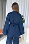 Belt Detail Asymmetrical Collar Denim Set - Navy Blue - 5