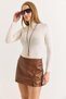 Women's Faux Leather Seam Detail Mini Skirt with Shorts Brown - 2