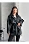 Medium Length Leather Trench Coat with Shoulder and Sleeve Epaulettes