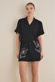 Women's Black Rose Patterned Shirt Collar Front Button Viscose Ruffle Short Sleeve Mini Shorts Pajamas Set - 5