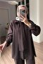 Scarf Collar Striped Tunic Shirt - Brown
