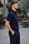 Men's Comfort Fit Patterned Navy Blue Polo Neck T-Shirt - 4
