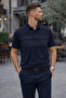 Men's Comfort Fit Patterned Navy Blue Polo Neck T-Shirt