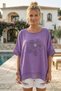 Purple Round Neck Low Sleeve Skirt and Mesh Detail at the End of the Sleeve Floral Appliqué Casual Woven Blouse 65 60 - 2