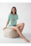 Turquoise crew neck Printed women's pajama set with shorts
